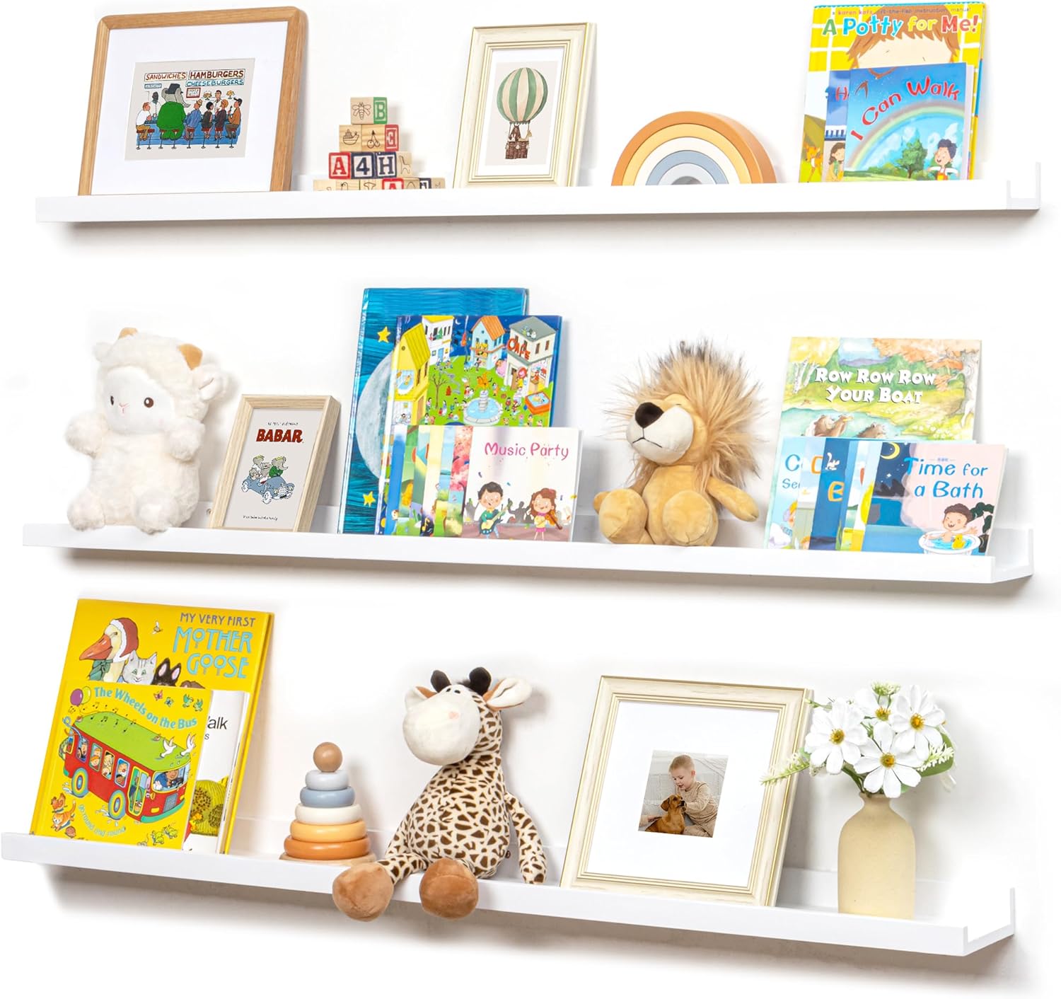 Picture Ledge Shelf, Floating Shelves Set of 2, Solid Pine Wood 72'' Long Large Nursery Book Shelves for Toys Storage, Kids Bookshelf for Living Room Bedroom Decor Books Photo Frames, White