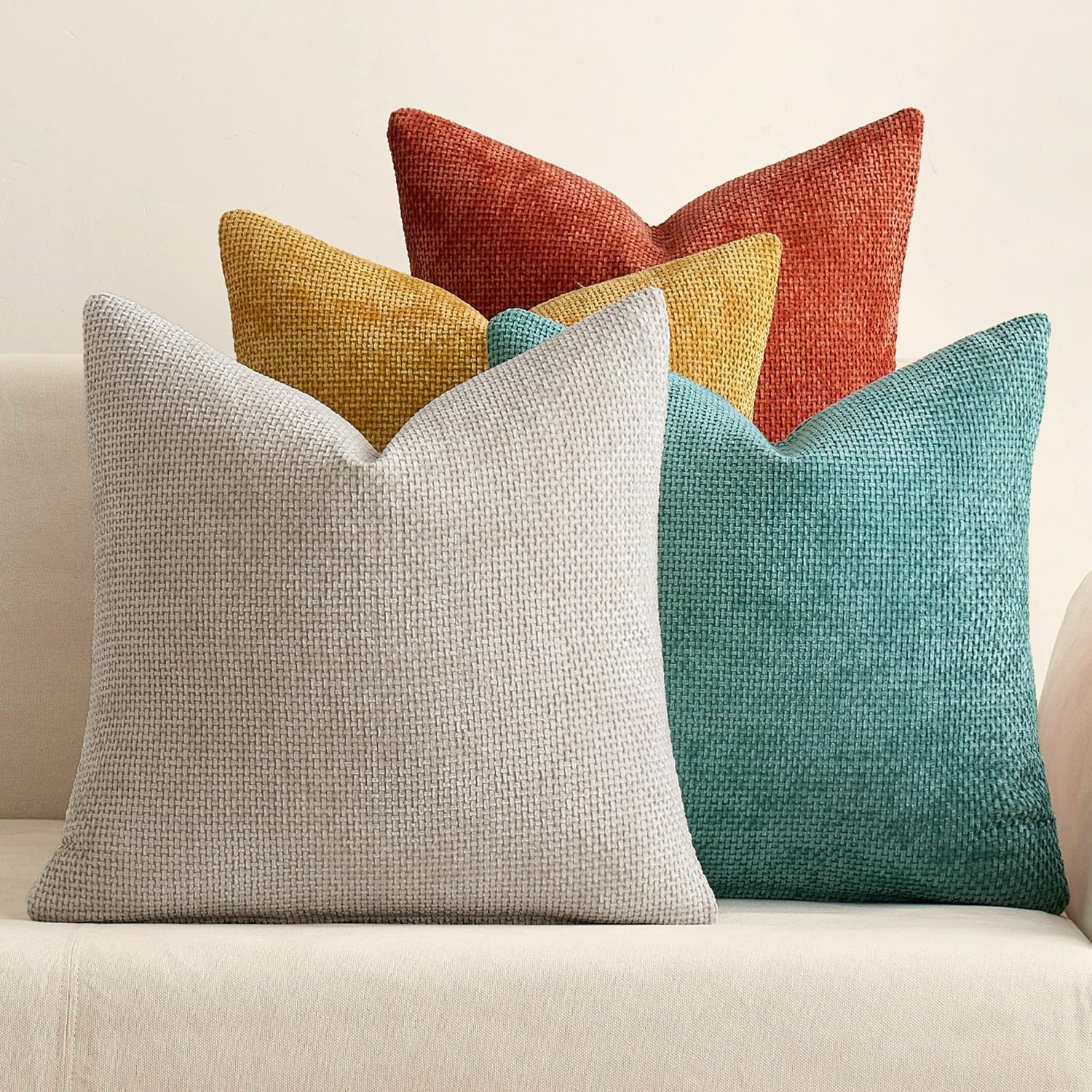 MIULEE Pack of 4 Couch Throw Pillow Covers 18x18 Inch Neutral Soft Decorative Chenille Pillow Covers Farmhouse Boho Cushion Covers for Mid Century Modern Spring Home Decor Sofa Bedroom Living Room