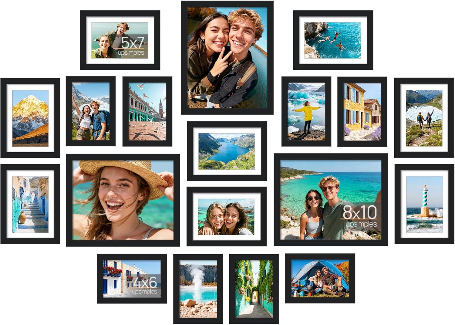 upsimples 19 Pack Picture Frames Collage Wall Decor for Mounting or Tabletop Display, Photo Gallery Frame Set for Family, Multi Sizes Including 8x10, 5x7, 4x6, Black