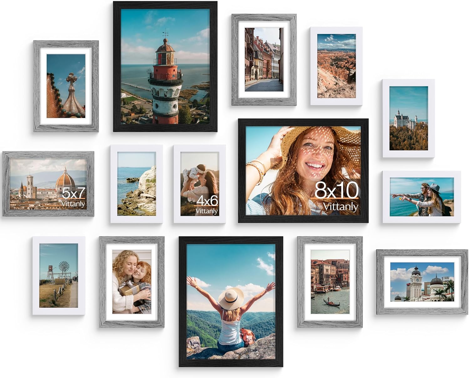 Vittanly 15 Pack Picture Frames Collage Wall Decor for Mounting or Tabletop Display, Gallery Frame Set for Family, Multi Sizes Including 3pcs 8x10, 6pcs 5x7, 6pcs 4x6, Black