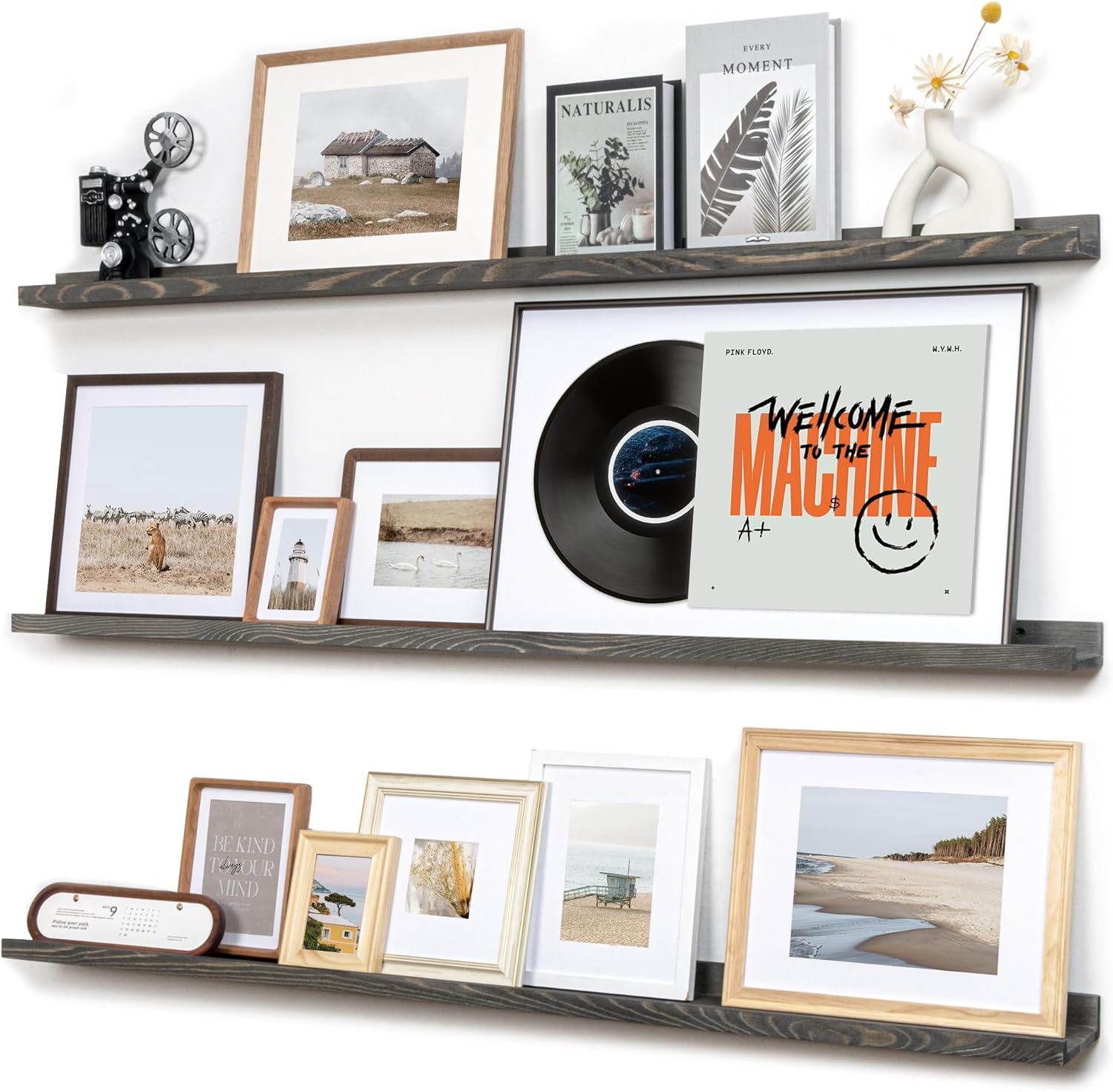 Picture Ledge Shelf, Floating Shelves Set of 2, Solid Pine Wood 72'' Long Large Nursery Book Shelves for Toys Storage, Kids Bookshelf for Living Room Bedroom Decor Books Photo Frames, White