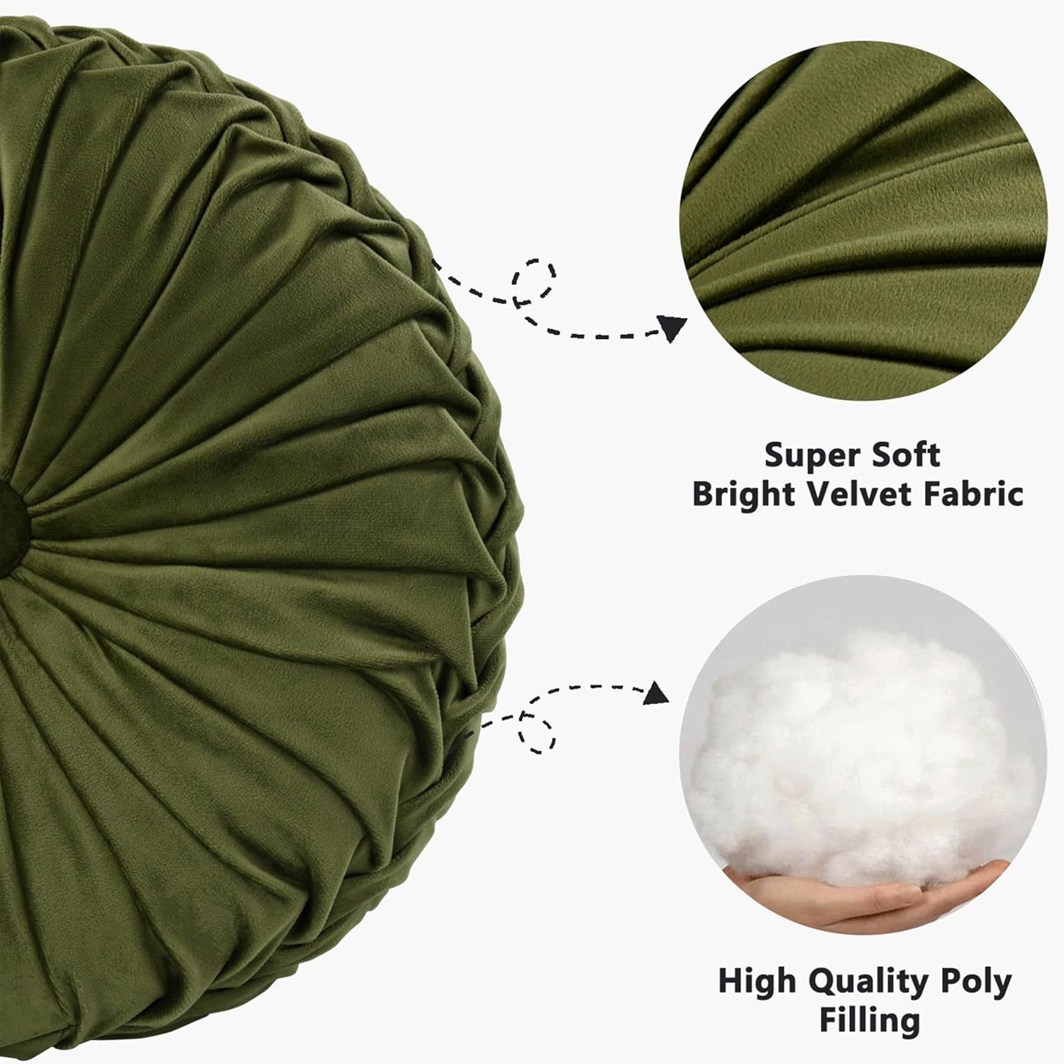 HIG Set of 2 Decorative Round Pleated Throw Pillows, Classy Accent Pumpkin Throw Pillows with Center Button, Vintage Velvet Floor Pillows for Sofa Couch Vanity Chair Bed, Olive, 14.5" Diameter(Ripple)