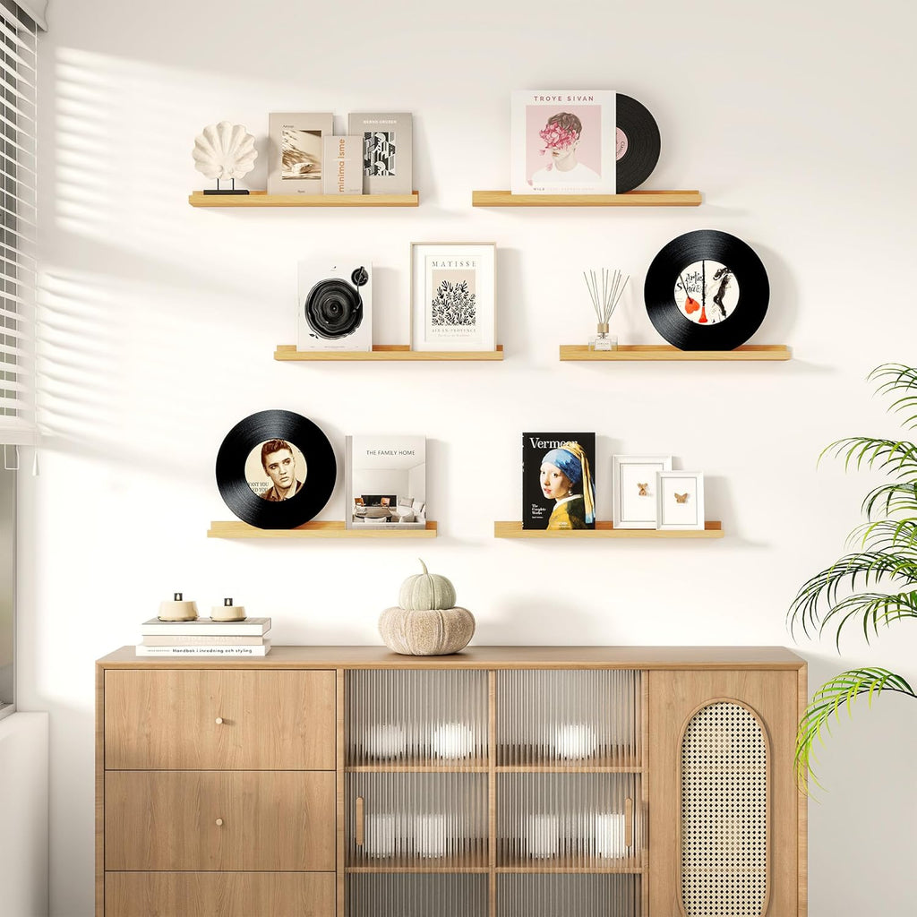 Fun Memories Picture Ledge Shelf for Wall, Floating Shelves Set of 4, 24 Inch Long Nursery Book Shelves for Toys Storage, Kids Bookshelf Wall Mounted for Books Photo Frames, Oak