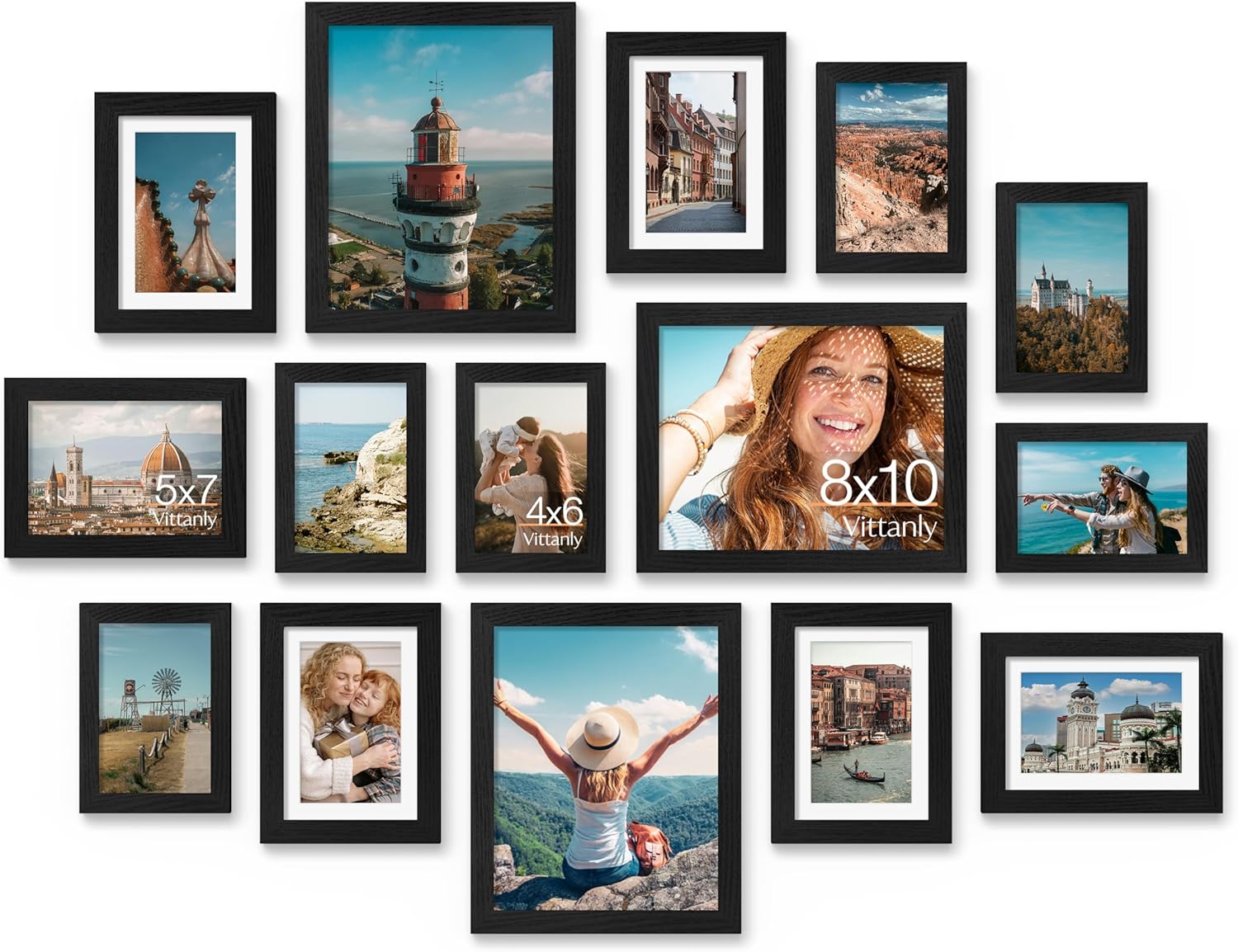 Vittanly 15 Pack Picture Frames Collage Wall Decor for Mounting or Tabletop Display, Gallery Frame Set for Family, Multi Sizes Including 3pcs 8x10, 6pcs 5x7, 6pcs 4x6, Black