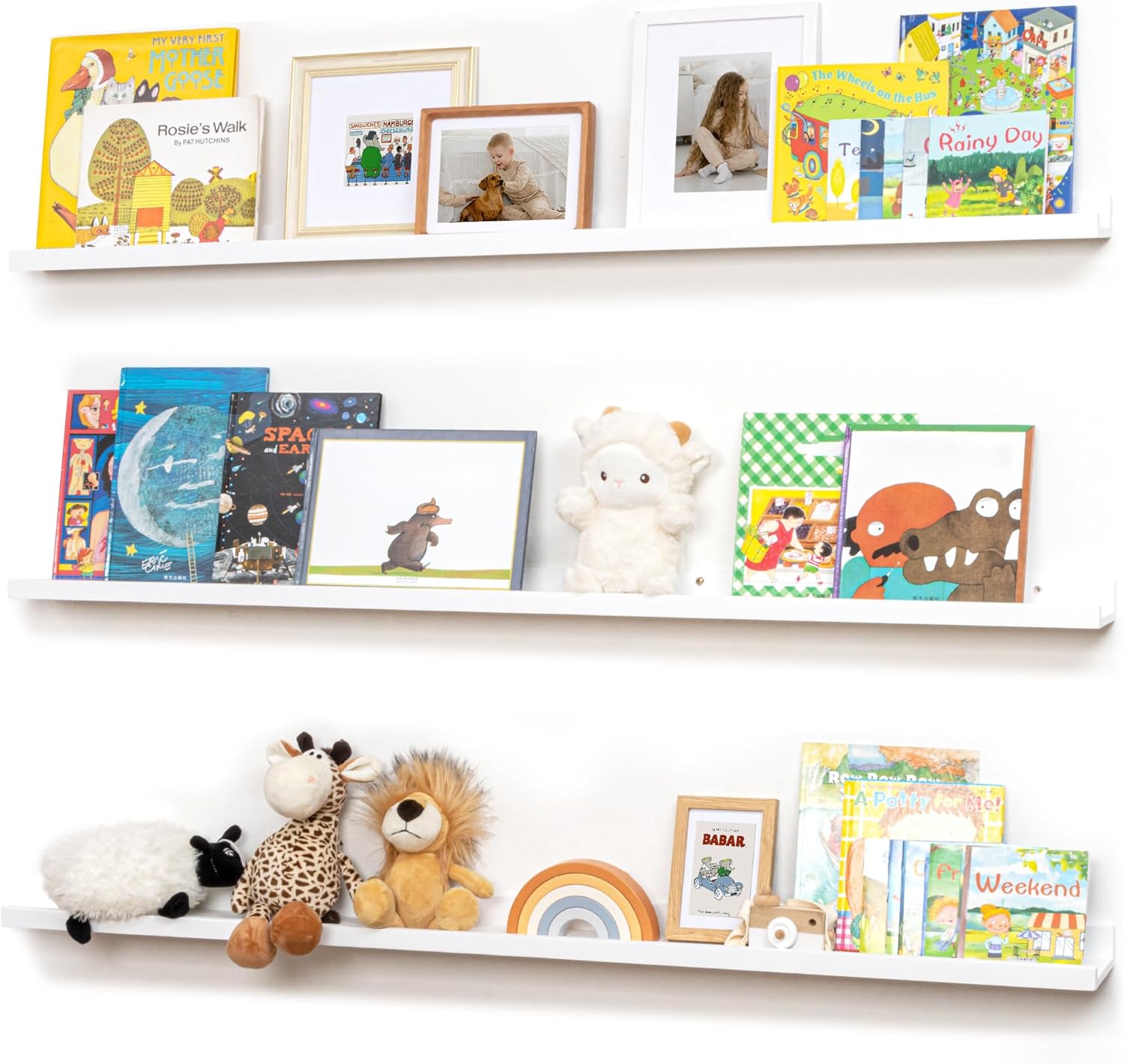 Picture Ledge Shelf, Floating Shelves Set of 2, Solid Pine Wood 72'' Long Large Nursery Book Shelves for Toys Storage, Kids Bookshelf for Living Room Bedroom Decor Books Photo Frames, White