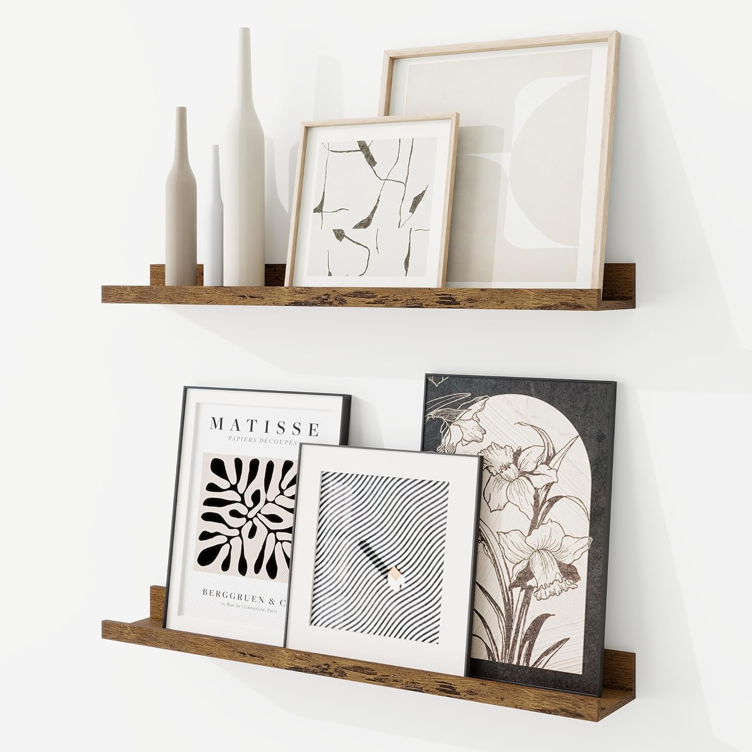 RICHFOCUS Picture Ledge Shelf, 36 inch Floating Shelves Set of 2, Wood Wall Shelves with Lip, Wall Decor Storage for Bedroom Living Room Bathroom Kitchen Nursery Photo Picture, Rustic Brown