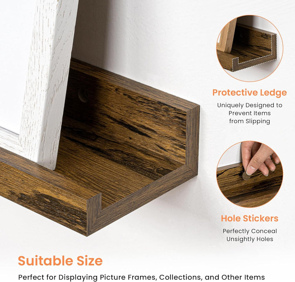 RICHFOCUS Picture Ledge Shelf, 36 inch Floating Shelves Set of 2, Wood Wall Shelves with Lip, Wall Decor Storage for Bedroom Living Room Bathroom Kitchen Nursery Photo Picture, Rustic Brown