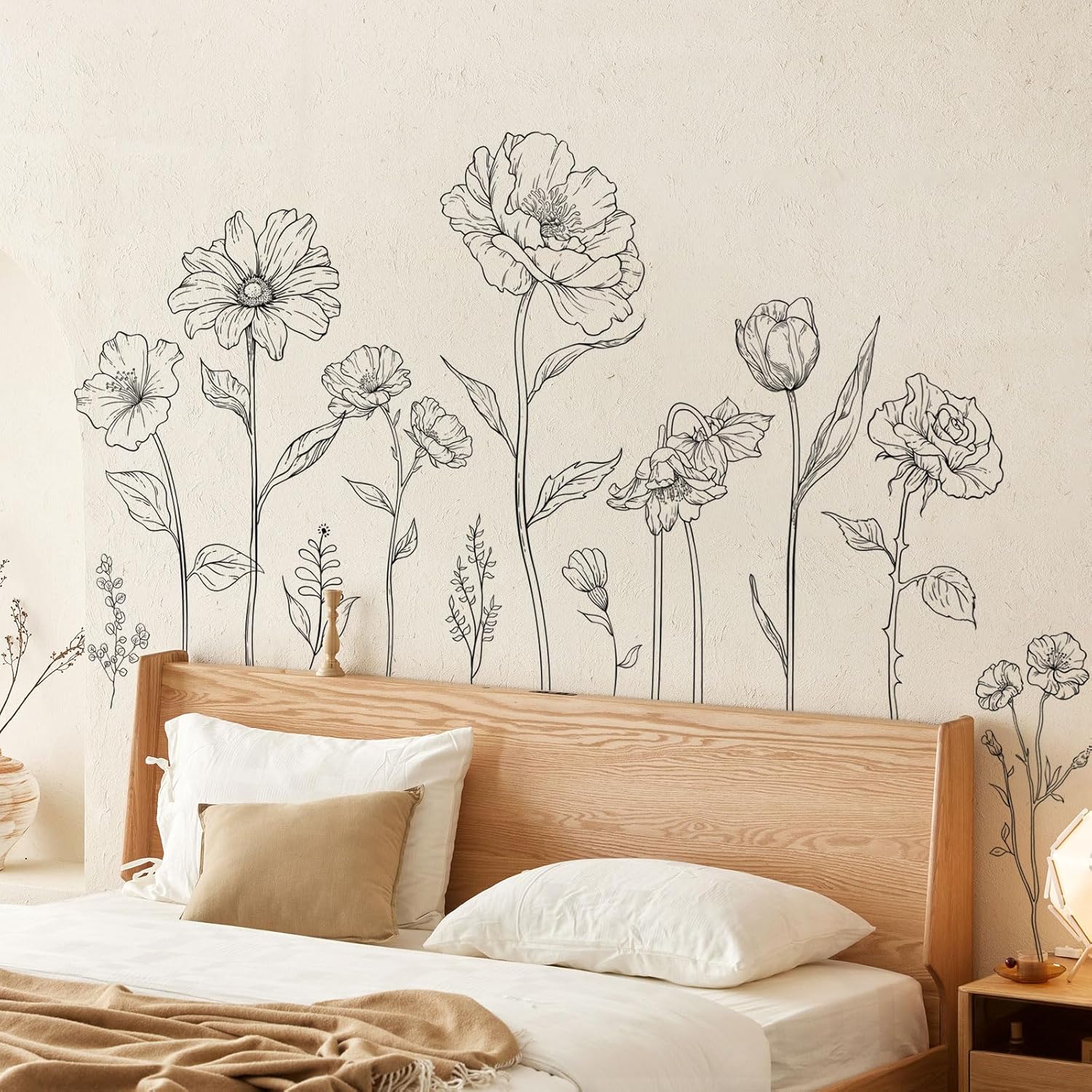 Large Black Boho Flower Wall Decals, 3 Sheets Simple Sketch Floral Wall Stickers Peony Wildflower Peel Stick Wall Art Decor Bedroom Home Room Office Garden Hall Adult Gifts for Mom(11.8x35.4 in/Sheet)