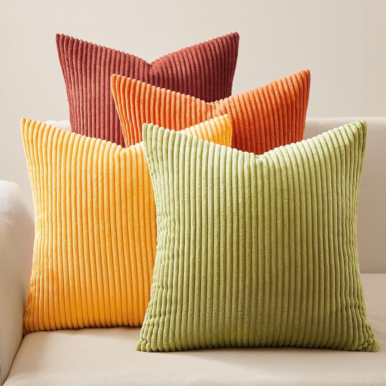 Topfinel Fall Burnt Orange Decorative Throw Pillows Covers 18x18 Inch Set of 4,Yellow Green Gradient Series Corduroy Striped Square Pillow Case,Western Modern Cushion Cover for Couch Sofa Bedroom