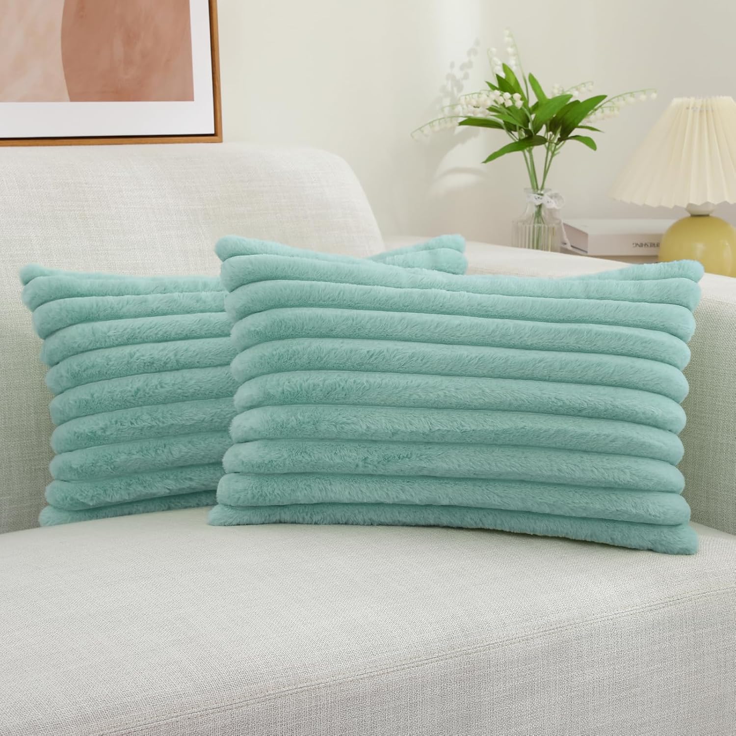 decorUhome Cozy Faux Fur Spring Throw Pillow Covers 18x18 Set of 2 Decorative Soft Plush Striped Modern Farmhouse Boho Couch Pillow Cases with Velvet Back for Sofa Bed Living Room, Cream White