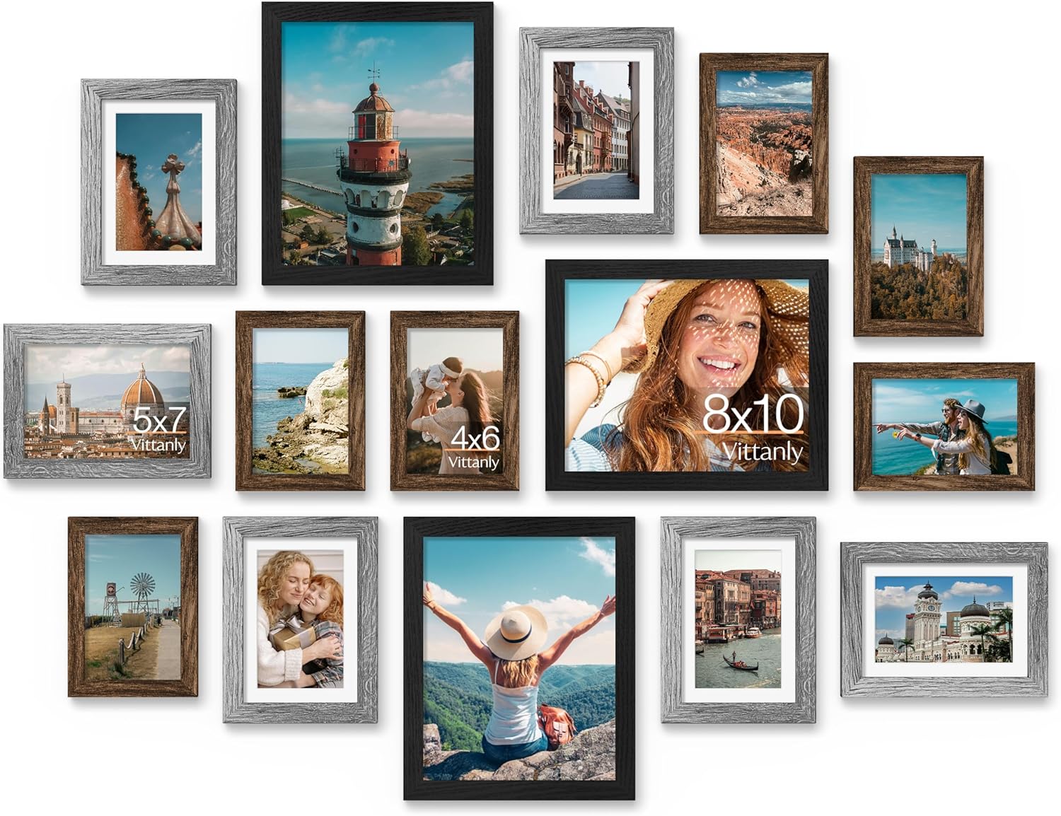 Vittanly 15 Pack Picture Frames Collage Wall Decor for Mounting or Tabletop Display, Gallery Frame Set for Family, Multi Sizes Including 3pcs 8x10, 6pcs 5x7, 6pcs 4x6, Black