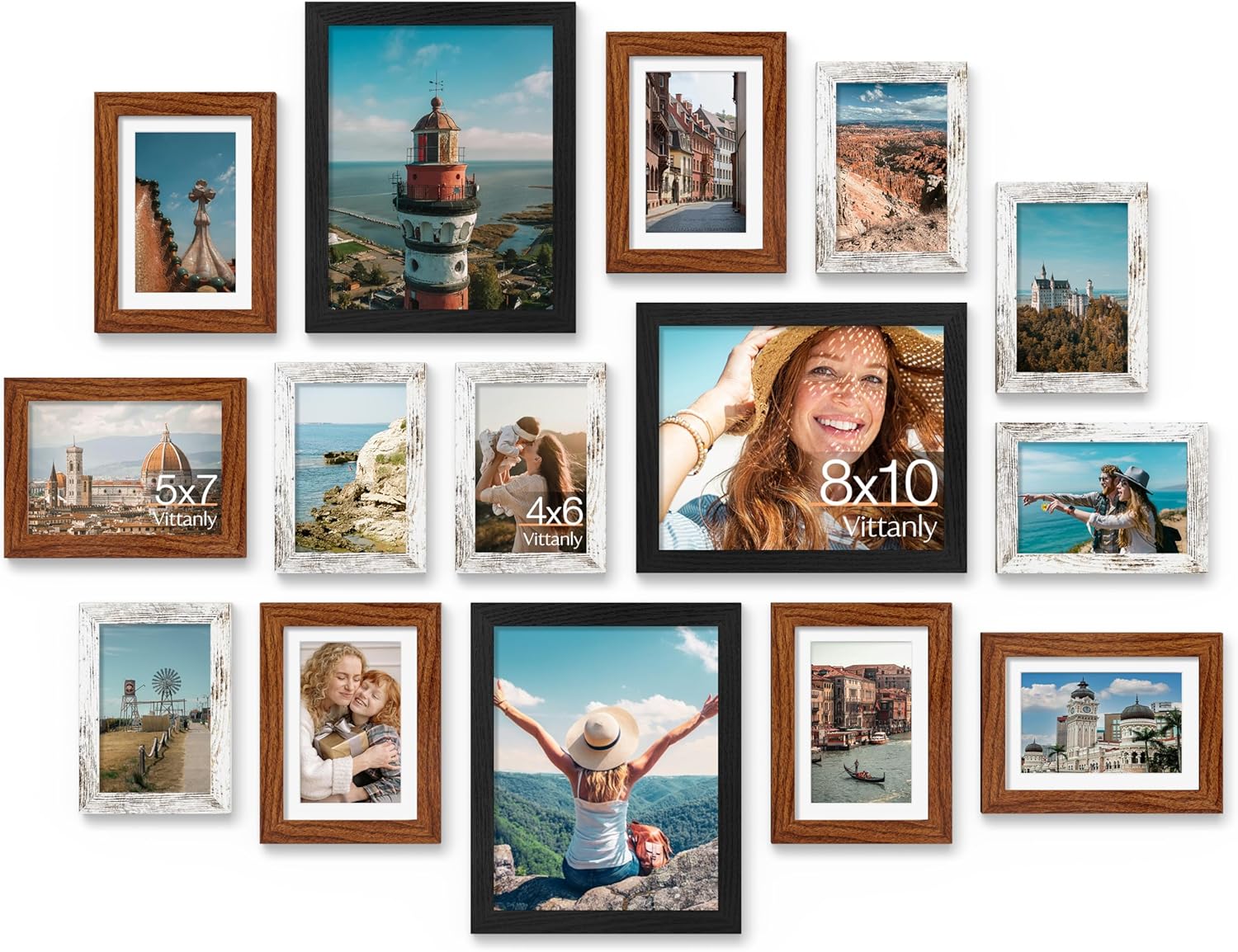 Vittanly 15 Pack Picture Frames Collage Wall Decor for Mounting or Tabletop Display, Gallery Frame Set for Family, Multi Sizes Including 3pcs 8x10, 6pcs 5x7, 6pcs 4x6, Black