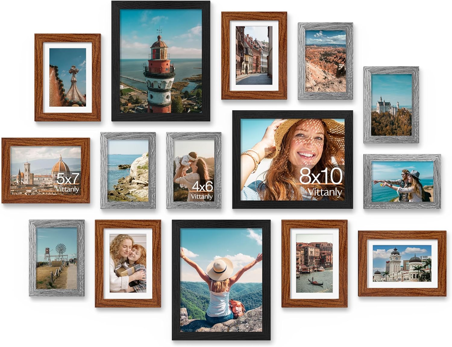 Vittanly 15 Pack Picture Frames Collage Wall Decor for Mounting or Tabletop Display, Gallery Frame Set for Family, Multi Sizes Including 3pcs 8x10, 6pcs 5x7, 6pcs 4x6, Black