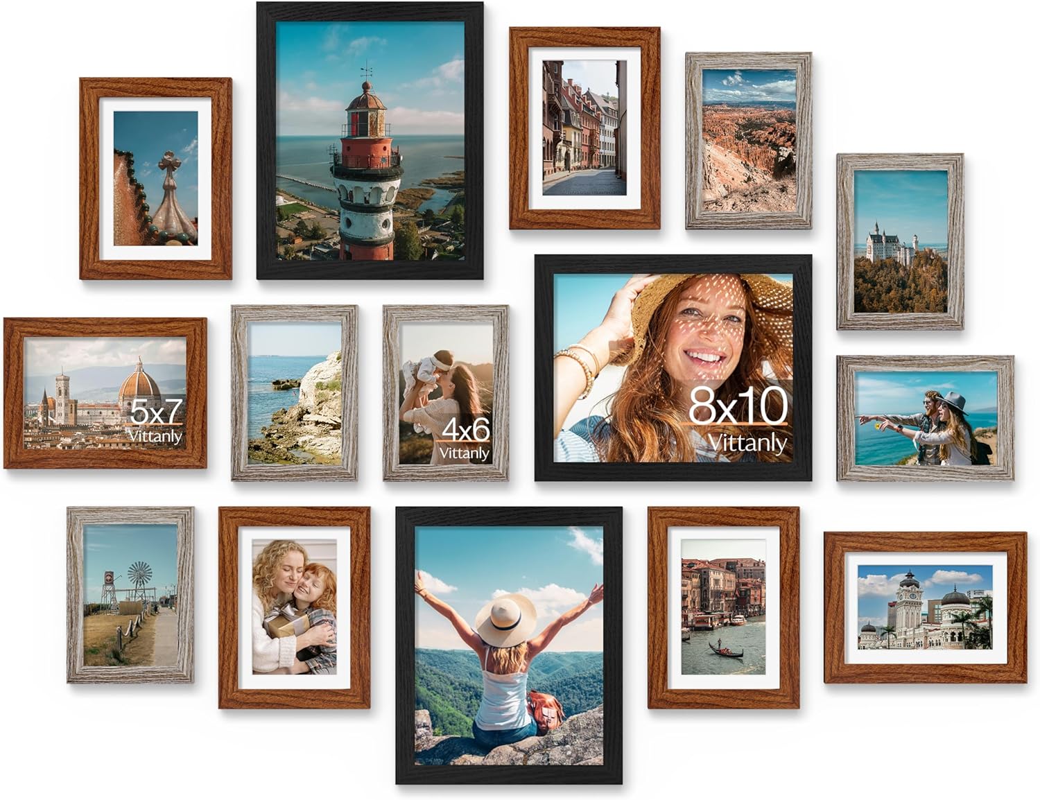 Vittanly 15 Pack Picture Frames Collage Wall Decor for Mounting or Tabletop Display, Gallery Frame Set for Family, Multi Sizes Including 3pcs 8x10, 6pcs 5x7, 6pcs 4x6, Black