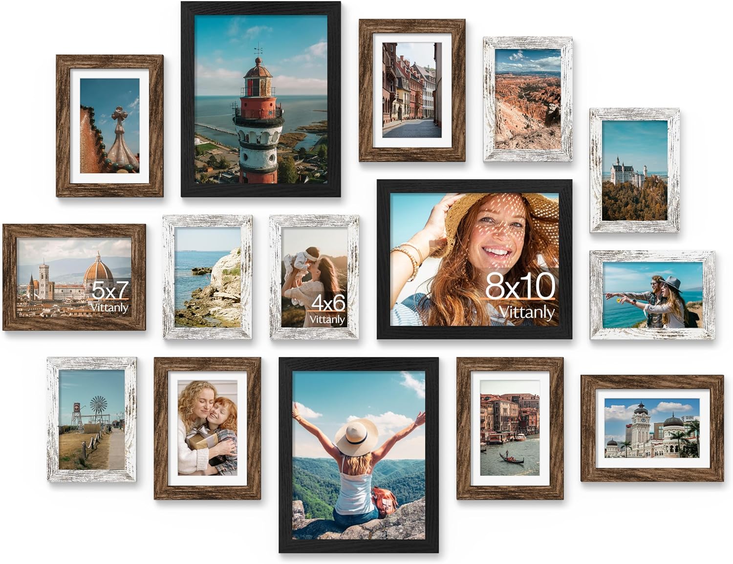 Vittanly 15 Pack Picture Frames Collage Wall Decor for Mounting or Tabletop Display, Gallery Frame Set for Family, Multi Sizes Including 3pcs 8x10, 6pcs 5x7, 6pcs 4x6, Black